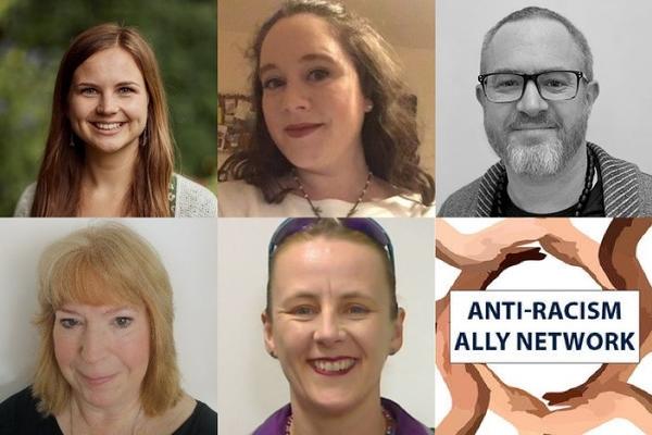 5 members of the Anti-Racist Ally Network and the network logo - 4 illustrated hands forming a circle with the network title over laid