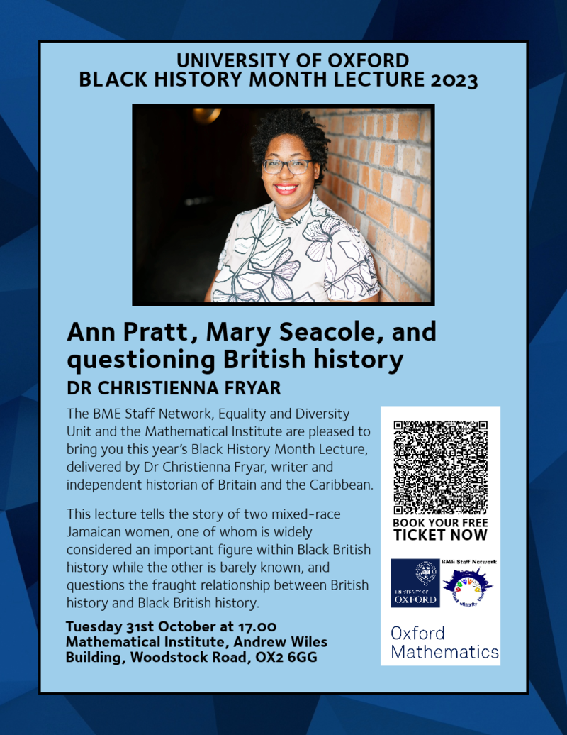 Poster showing the details of the Black history month lecture available in the following text, with a photograph of Dr Christienna Fryar 