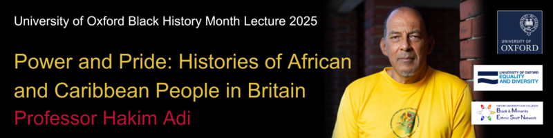 Black History Month banner with the title of the event and a picture of Professor Hakim Adi wearing a yellow shirt 