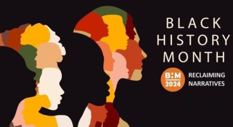 Black History Month reclaiming narratives graphic on a black background with silhouetted faces in warm tones