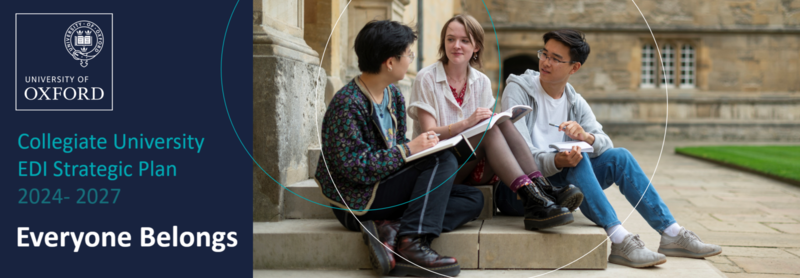 EDI Strategy Banner with photo of 3 students sitting on some steps in Radcliff Square 