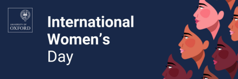 International Women's Day banner Oxford with Oxford University logo and illustration of women's faces