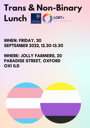 Poster for the Trans and non-binary lunch. Includes all the information that is in the text and the trans flag and non-binary flag