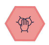 our culture icon - 3 hands layered on top of each other in a red hexagon