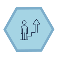 our diversity icon - a person icon stands at the bottom of an a flight of steps next or an arrow pointing upwards inside a blue hexagon