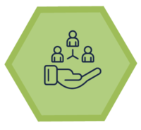 our work icon - 3 people icons all equally included on the upturned palm of a hand inside a green hexagon 